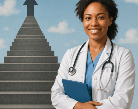 Stairs going up with an arrow at the top and a woman wearing a lab coat and stethoscope stands next to them.